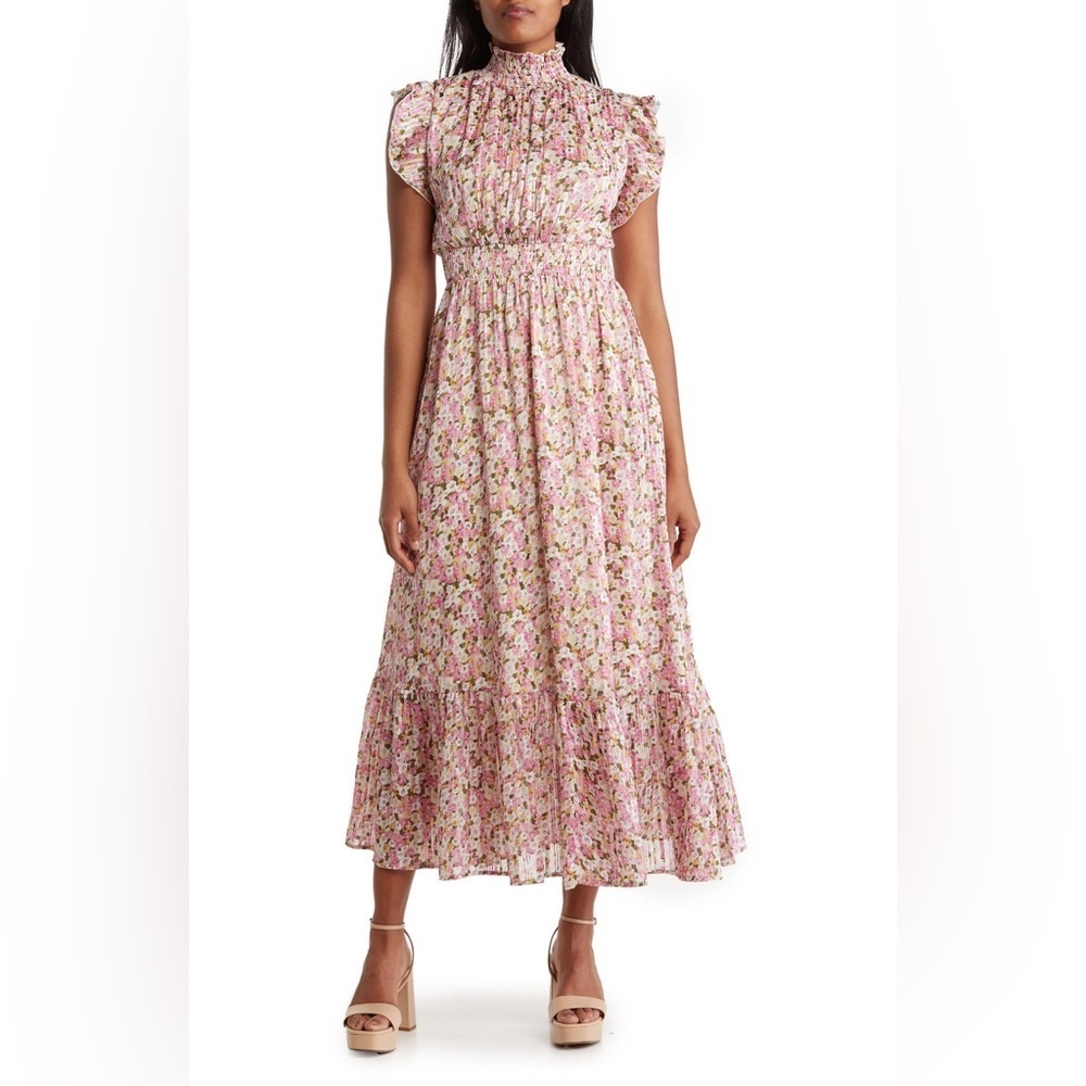 Melloday Floral Pink Ruffle Tiered Maxi Dress Smocked Victorian Coquette Ditsy L - Picture 2 of 9